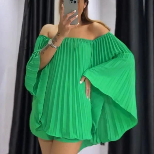 Women's Sexy Off Shoulder Pleated Chiffon Long Sleeve Shorts 2 Piece Fashion Loose Shawl Sleeves Elegant Shorts Set.