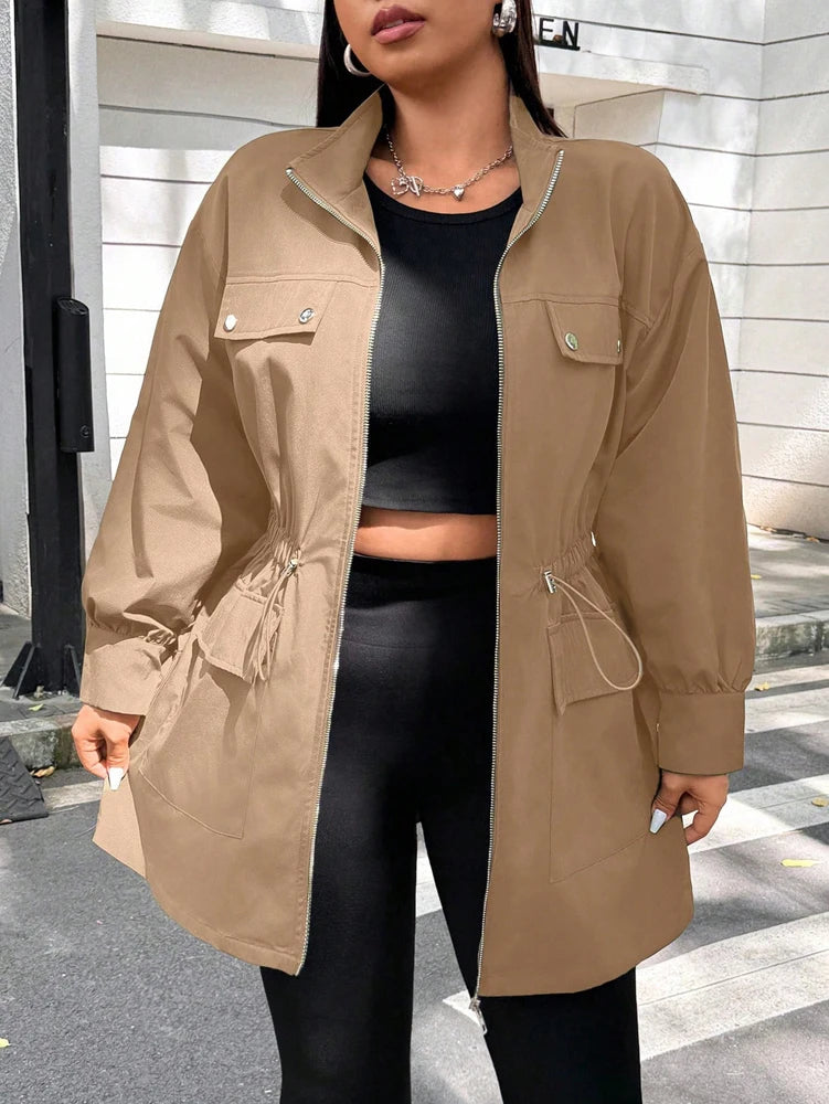 Plus Size Women's Solid Colour Jacket Casual Fashion Wind  Breaker Zipper All Season Jacket.   Xl-4X
