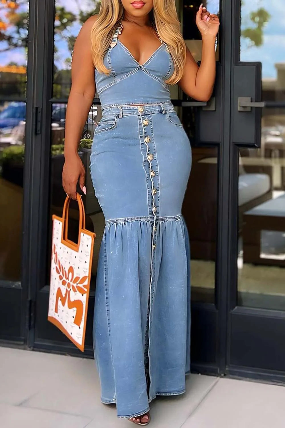 Women's Plus Size Denim Two Piece V-Neck Sexy Mermaid Skirt and Halter Cropped Top Matching Set Casual Vintage Fashion Outfits