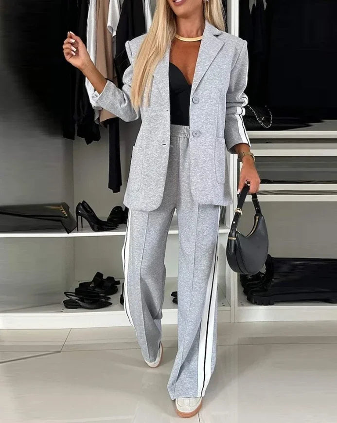 Women's Fashion Latest Striped Side Sporty Tape Notched Collar Front Button Blazer Wide-Leg Pants  Set
