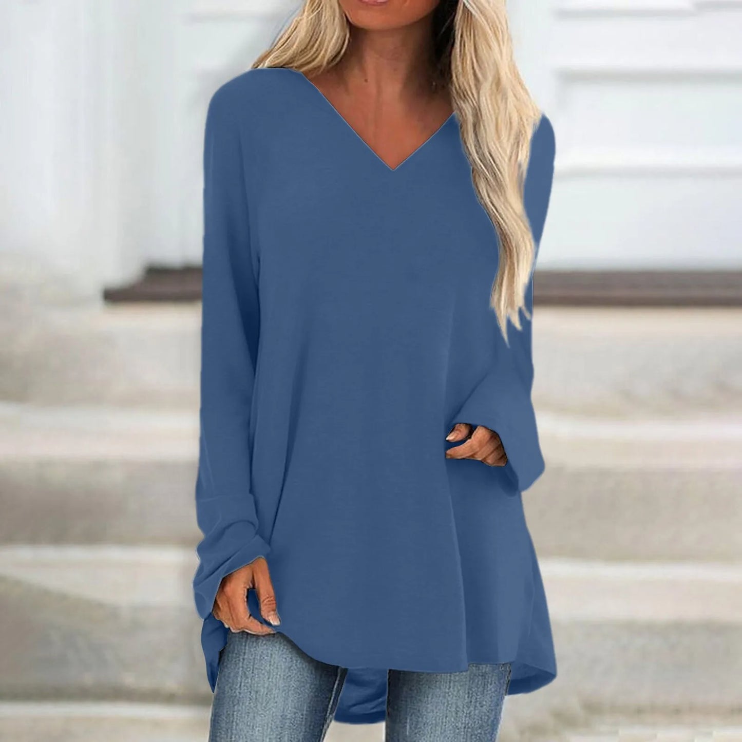 Women's Summer T-shirt Casual Long Sleeve V-Neck Solid Colour Loose Long Blouse/Shirt.  S-3xl