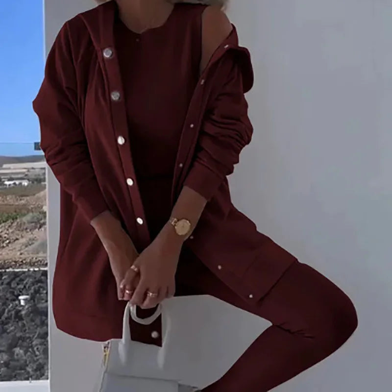 O-Neck Top Long Sweater Matching Set,Solid Three Piece Outfit, .  S-3x