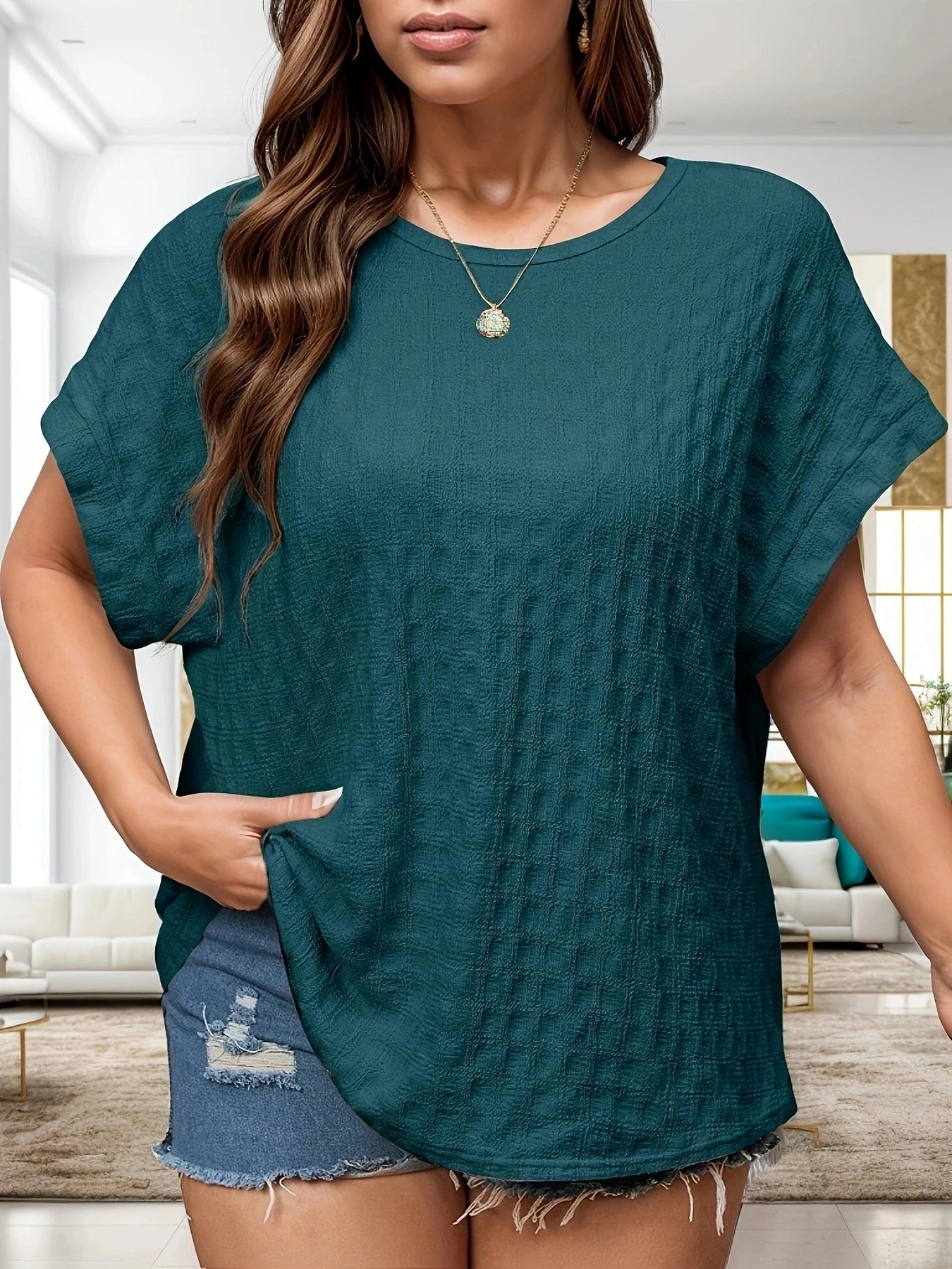 Plus Size Womens Casual Crew Neck Short Sleeve Solid Color T-Shirt - Soft Slight Stretch Polyester Fabric, Spring/Summer/Fall