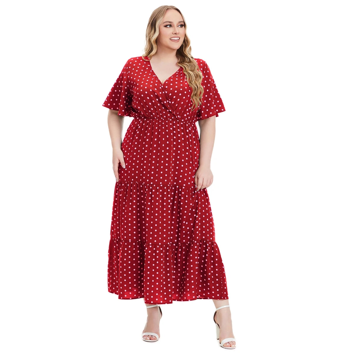 Plus Size New Arrival Fashional Polka Dot Print V Neck Short Sleeve Bohemian Casual Dress