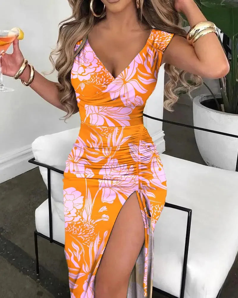 2025 Summer Floral Print Sexy V-Neck High Slit Sleeveless Casual Tight Fitting Long Dress.  Sz: S-xxxL