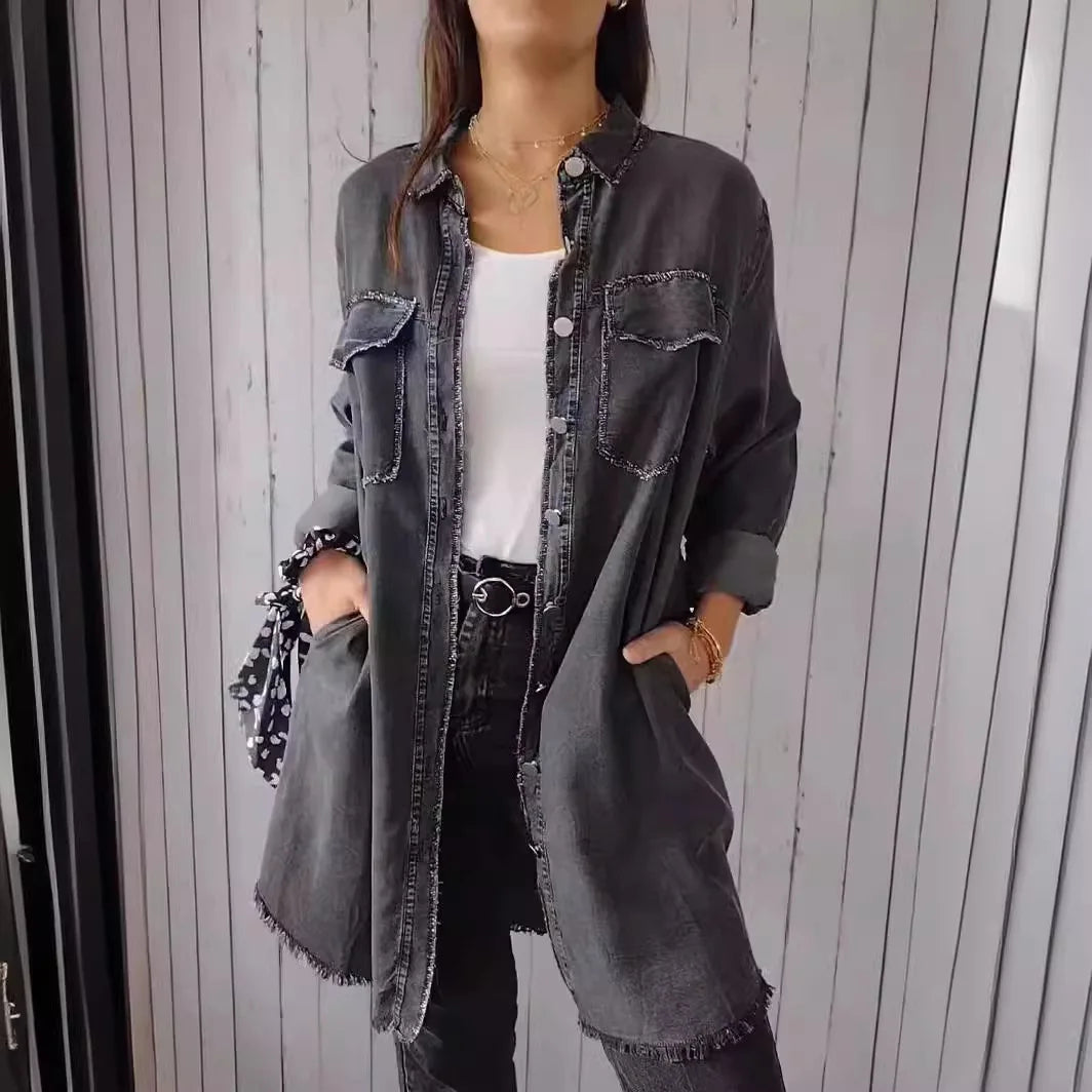Denim Women Single Breasted Full Sleeve Jackets Pockets Turn Down Collar Casual Spring Jacket.  S-3X