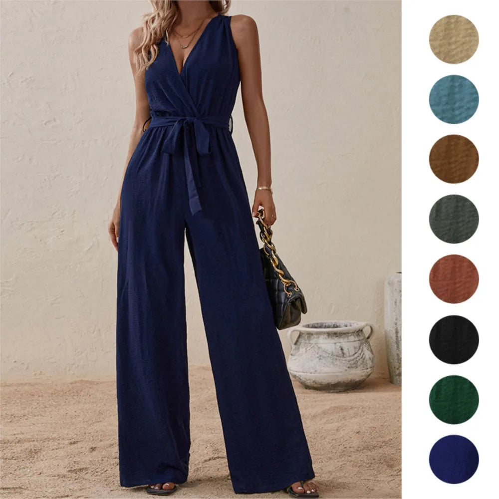 Casual Fashionable Sexy Slim Deep V-neck Sleeveless Women Wide-leg Jumpsuit Spring Summer New Solid Colour Jumpsuit.  S-XL