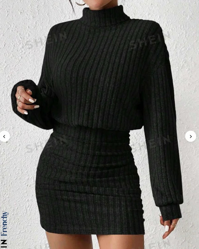Women's Autumn Winter Fashion High Neck Knitted Sweater Dress Casual Solid Loose Long Sleeve Warm Mid Length Dress