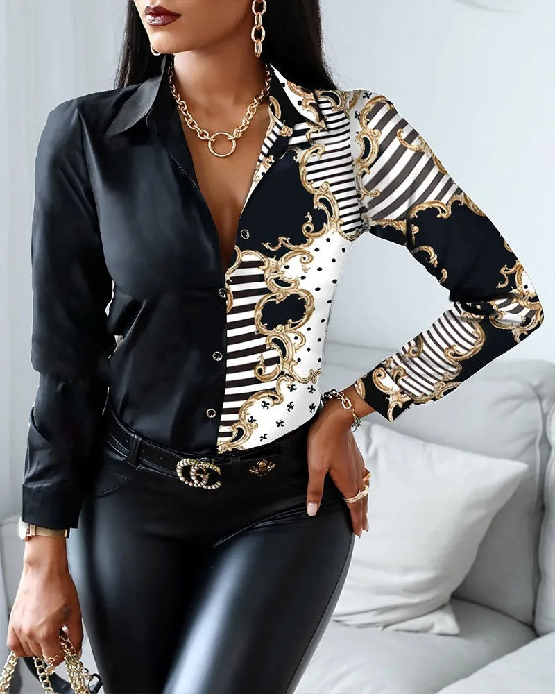 Women Fashion Print Turn-Down Collar Long Sleeve Blouses. S-2X