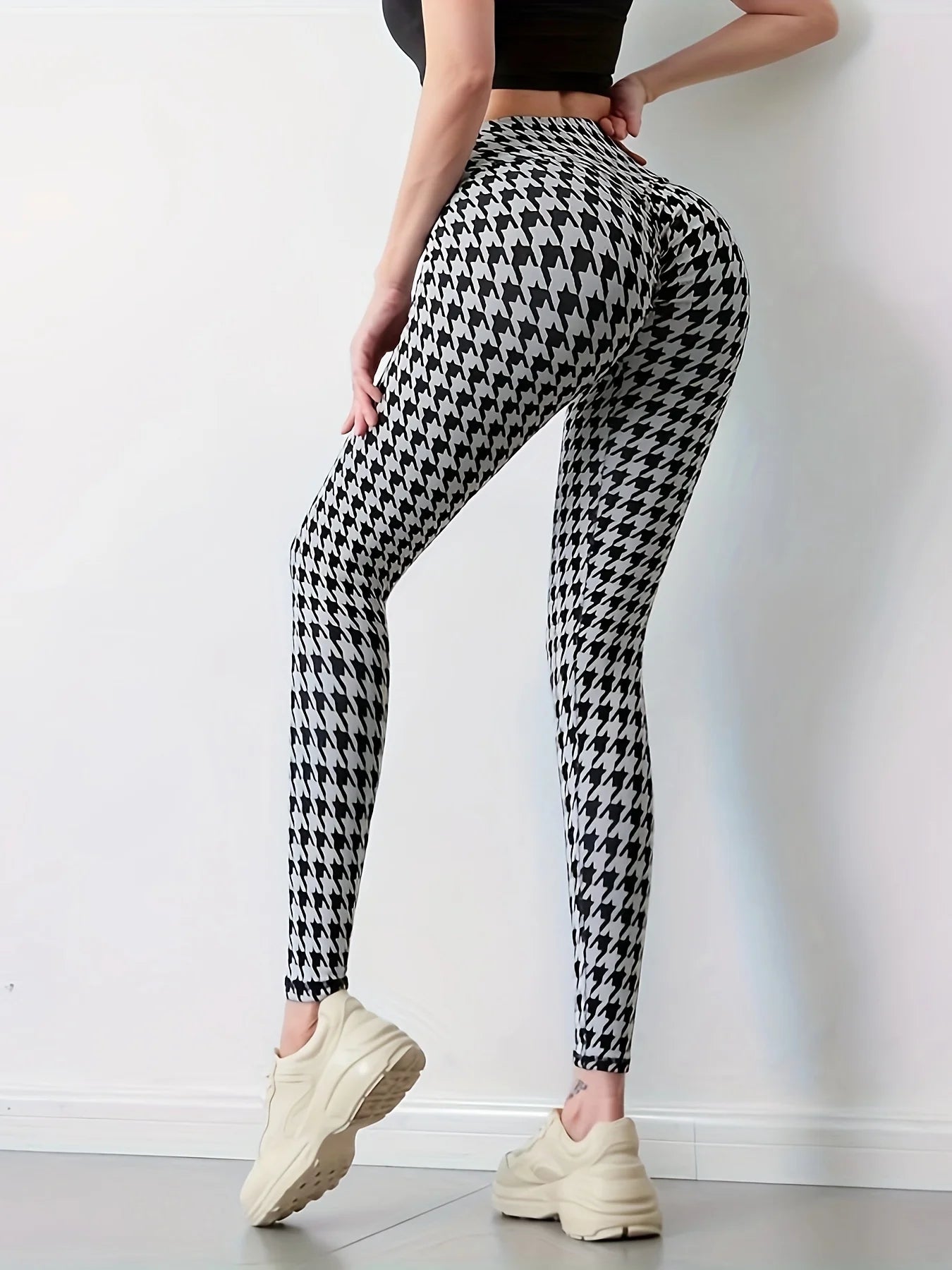 Plus Size Houndstooth Print Skinny Leggings Casual High Waist Every Day Stretchy Legging