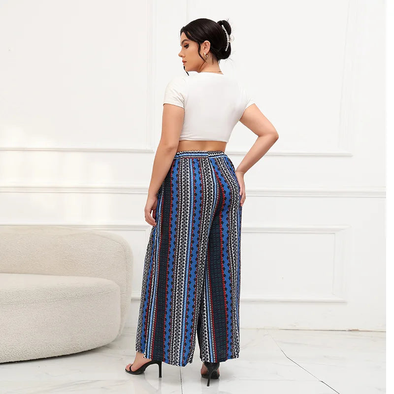 Women's plus size fashion trend wide-leg pants striped blue elastic waist pants