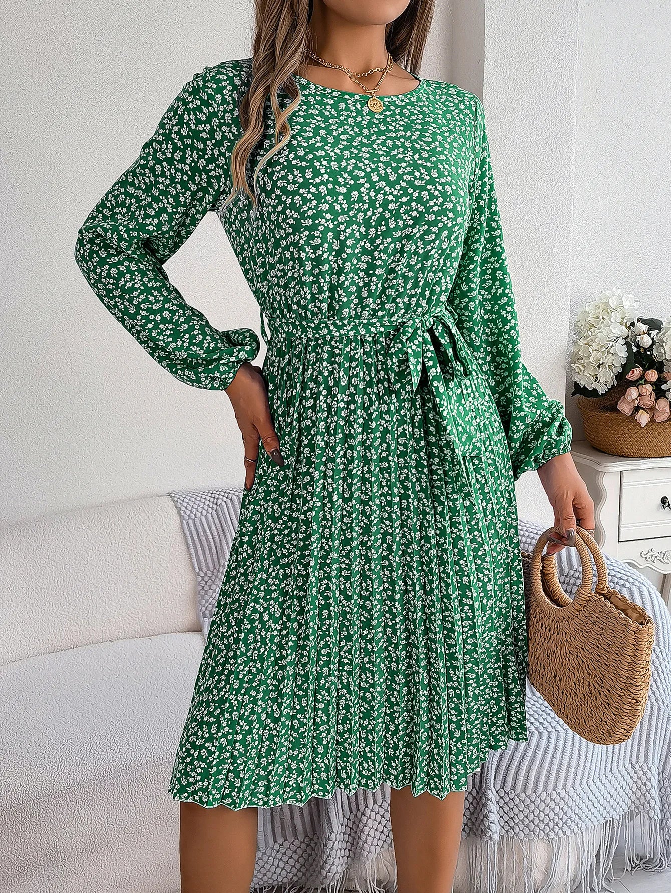 2025 Spring Summer Women's Long Sleeve O-neck Dress Floral Print Elegant Knee Length.