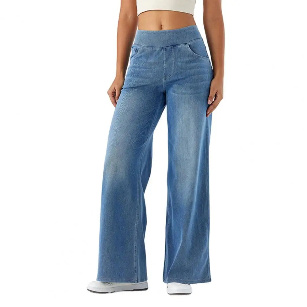 Women's High Waist Wide Leg Jeans - Elastic Waist Denim Pants with Pockets.  XS-XL