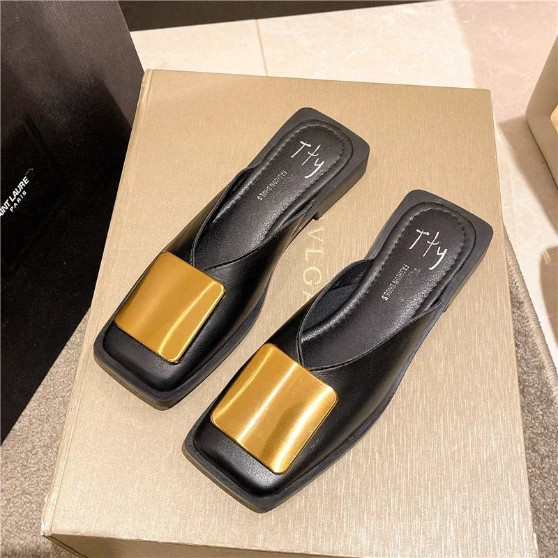 Women Fashion Metal Buckle Mules Flat Heels Square Toe Shallow Slides.