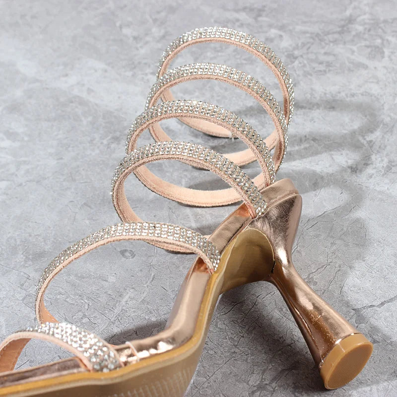 Fashion Women Sandals Summer New Crystal Snake Ankle Around Heels Stiletto Sexy Party Women's Sandals 9CM
