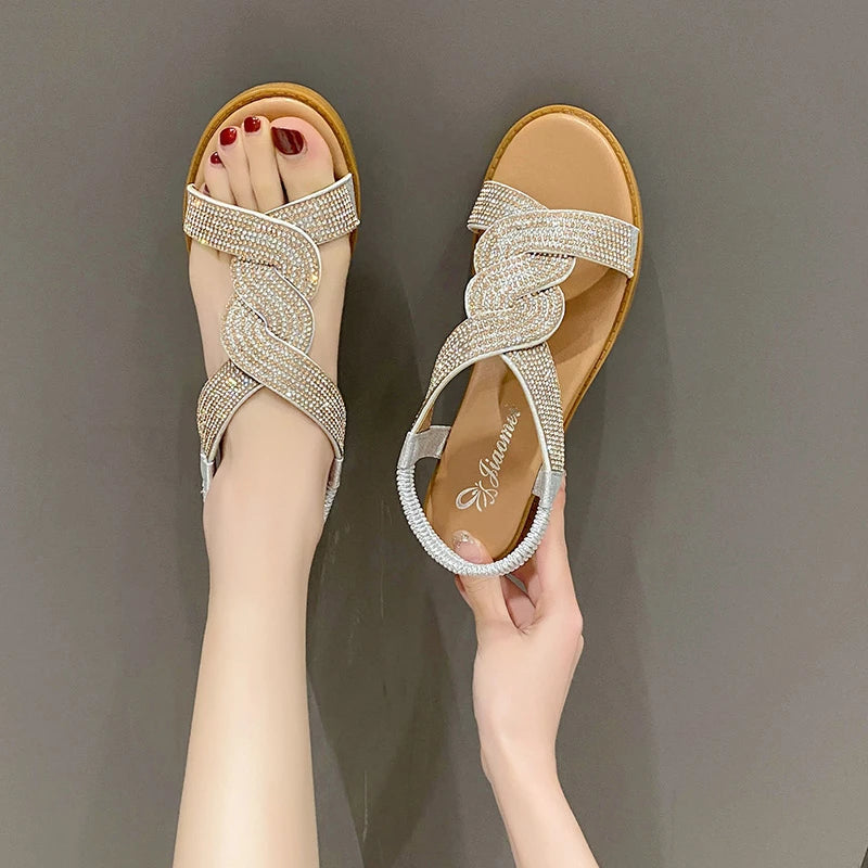 Summer New Designer Sandals Women Fashion Casual Roman Crystal Bling Sandals