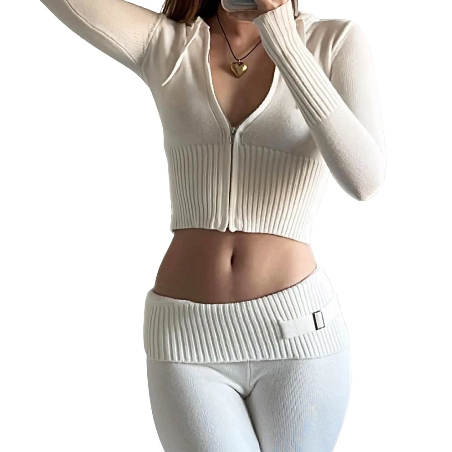 Fashion Women Ribbed Knit 2 Piece Outfit Long Sleeve Zip-Up Slim Fit Hooded Crop Top And Long Pants Set