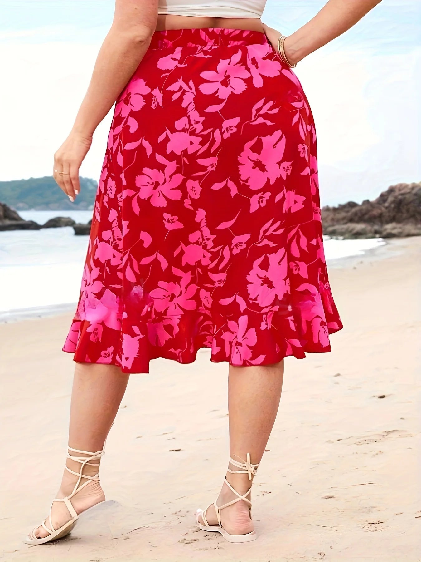 Plus Size Spring Summer Women Elegant Floral Print Slit Skirt Vacation Beach Style High Waist Skirt