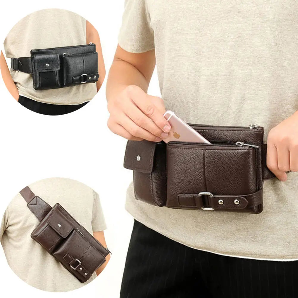 Multi-Pocket PU Leather Fanny Pack - Unisex Waist Bag with Adjustable Belt