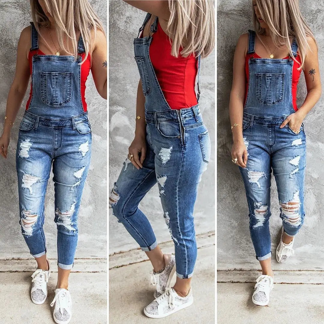 Ladies Denim Ripped Jeans Jumpsuit Stretch Denim