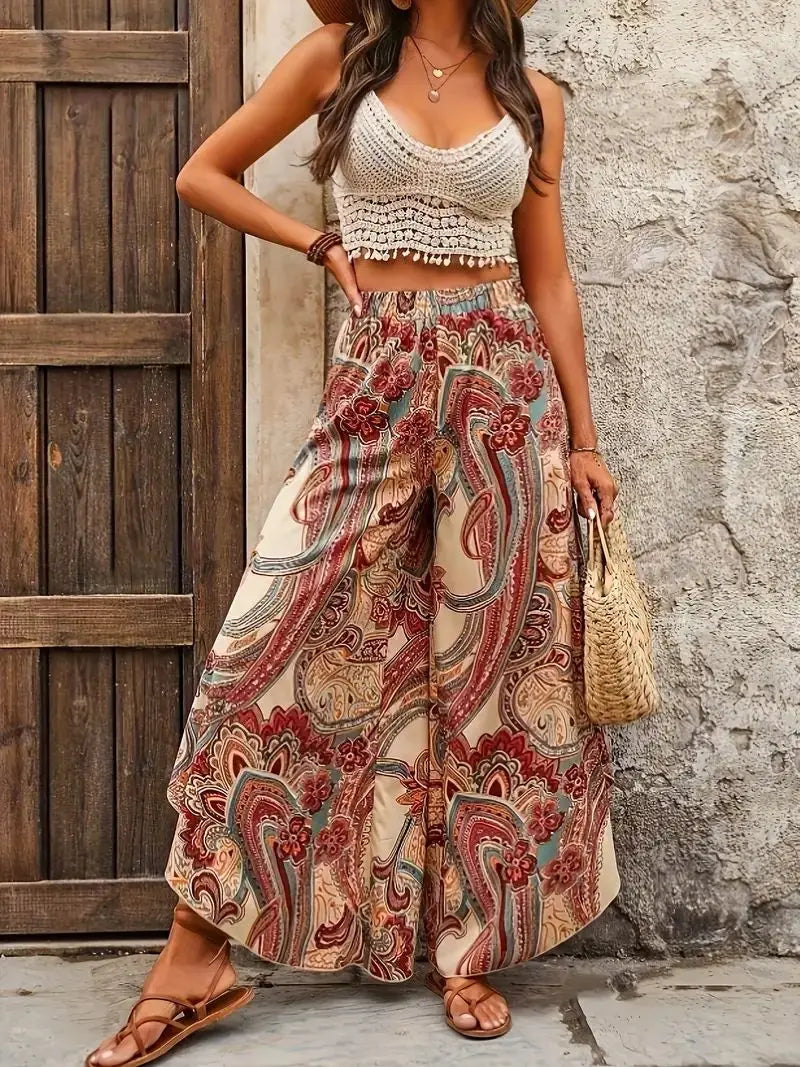 Plus Size Bohemian Paisley Print Women Pants Summer, Beach, Vacation Elastic Waist Casual Wide Leg Trousers