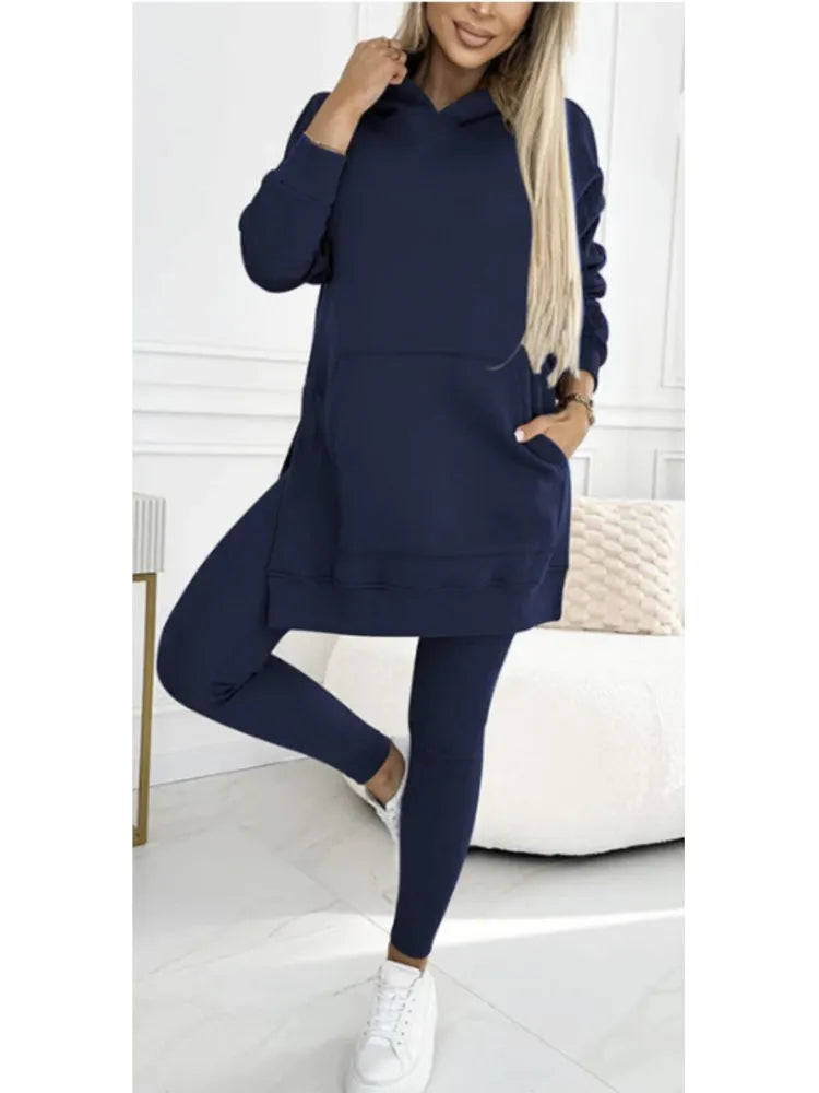 New Casual Hoodie Women's Solid Colour Simple Fashion Pocket Thick Thread Casual Leggings 2 Piece Set.  S-3x