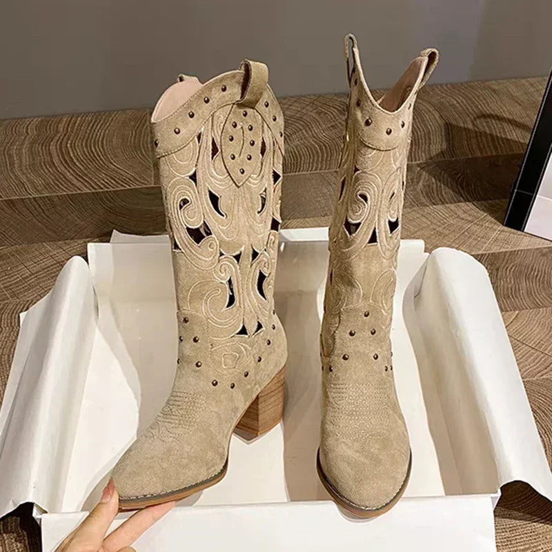 Embroidered Vintage Western Boots, Chunky Heels Pu Leather .