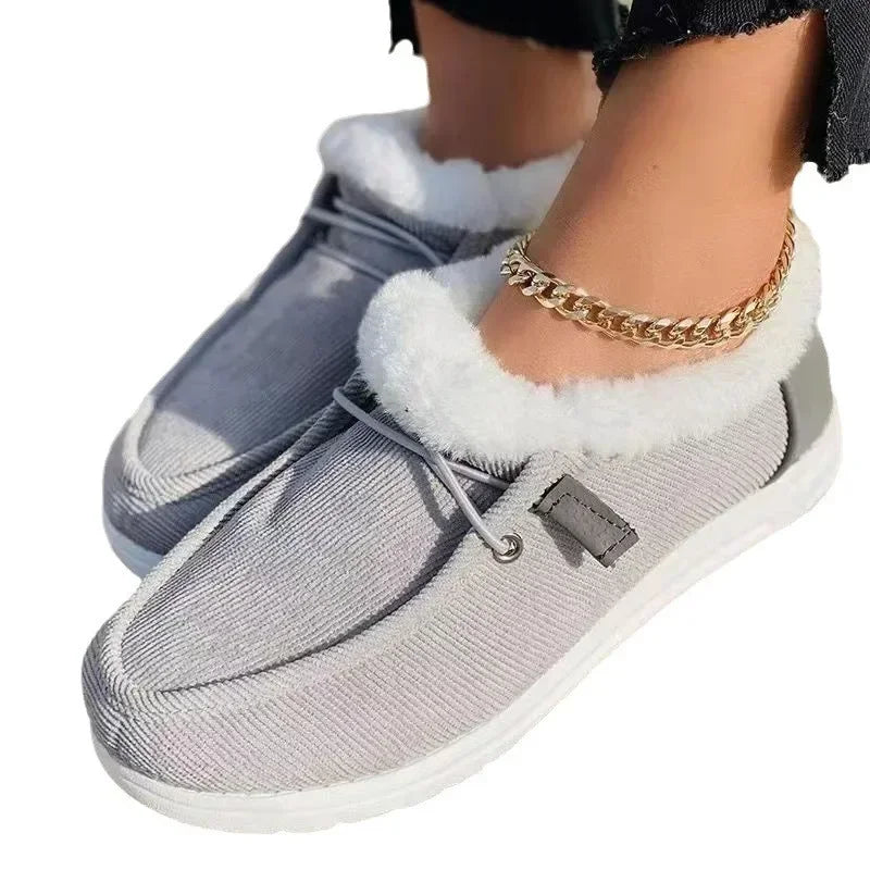Women Warm Loafers Plush Flats Casual Cotton Shoes Solid Round Toe Sports Shoes