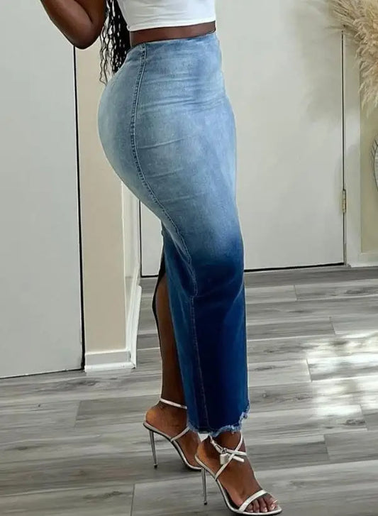 2025 Elegant Women Raw Hem Denim Skirt - Fashion Casual Slit S-XXL