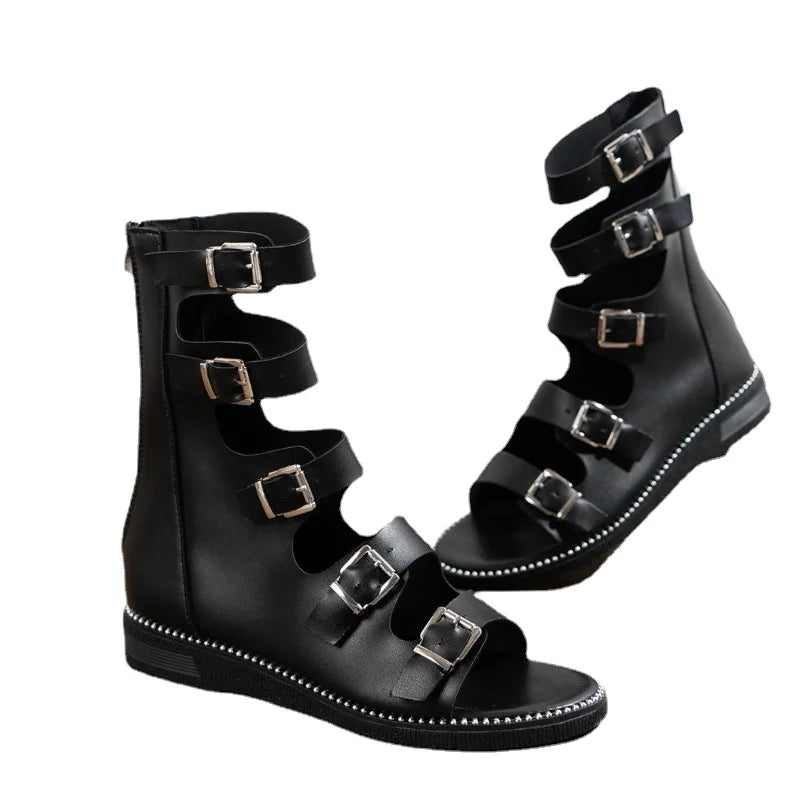 Summer Women's Open Toe Sandals New Roman Back Zip Flat Gladiator Sandals