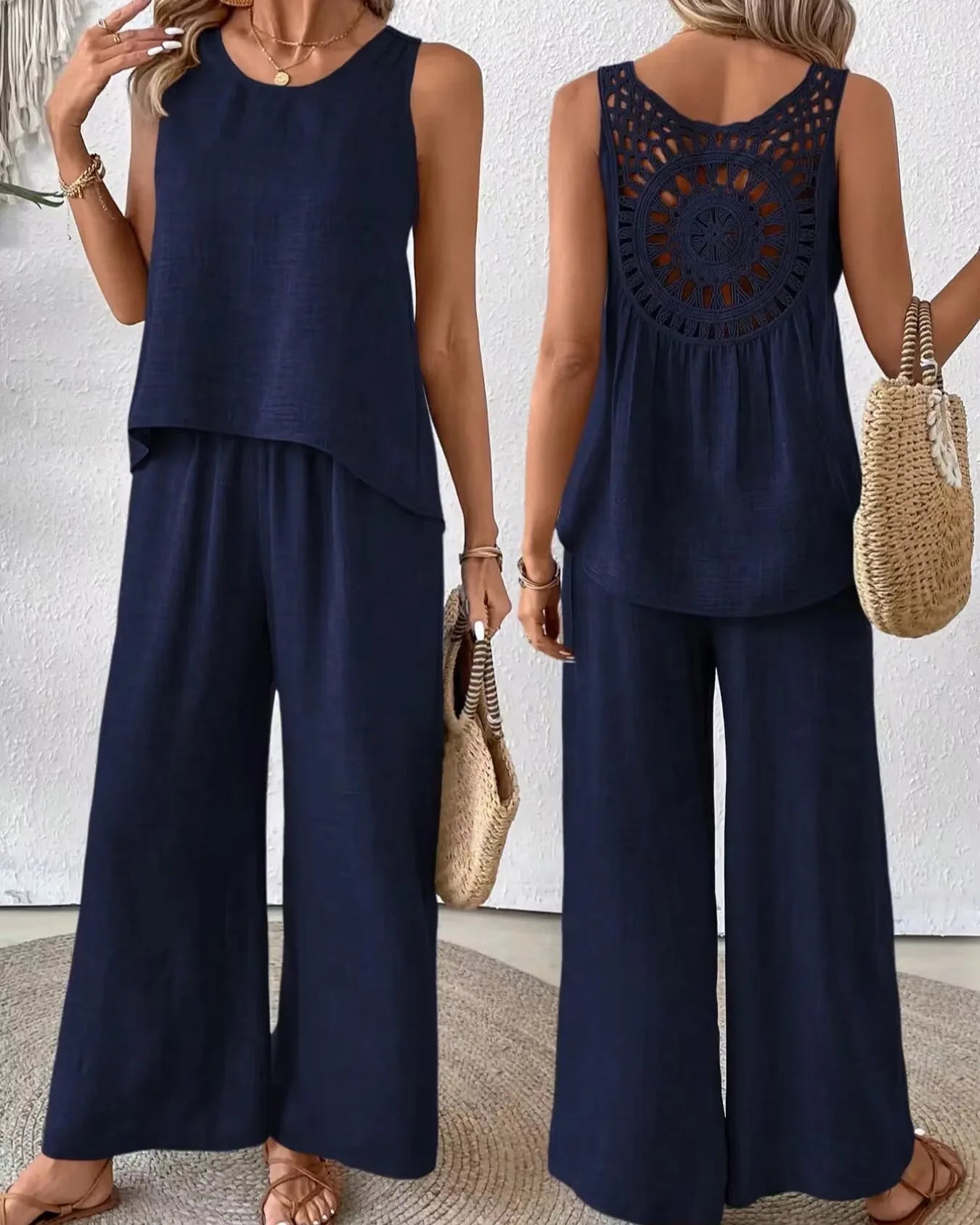 Ladies Simple Cotton Linen 2 Piece Suit Summer Fashion Sleeveless Loose Blouse Wide Leg Pants.