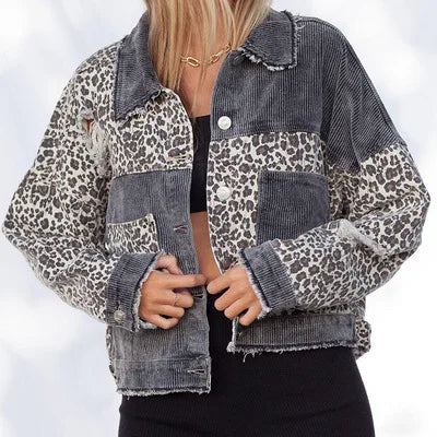 New Outerwear Denim Clothing For Women Casual Jacquard Denim Jacket Spring Leopard Print Loose Fit Jean Jacket.  S-3X