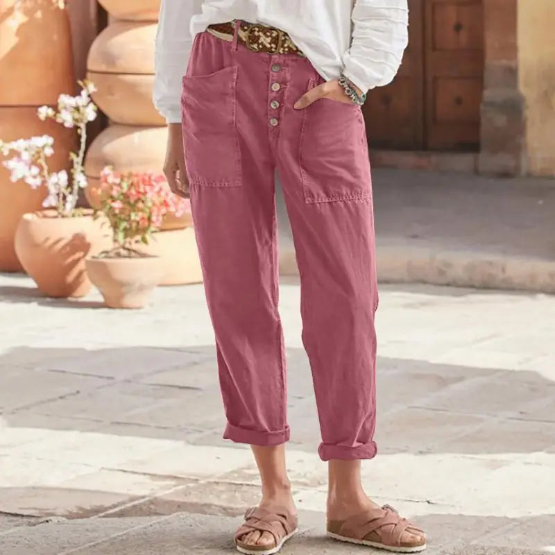 Women's New Casual Pants With Button Cotton And Linen Loose Casual Solid Colour Comfortable Loose Fit Cropped Pants.  S-3X