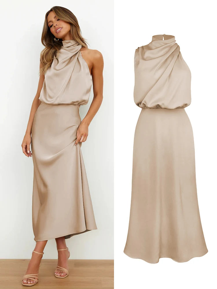 Summer High-End Silk Satin Long Dress Women Fashion Elegant Celebrity Evening Dress.  S-XL