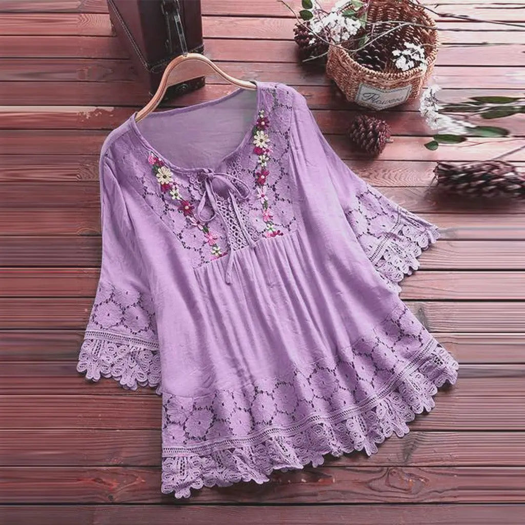 Ladies Solid Cotton And Linen Stitching Lace Flower V-neck Loose Fit Blouse.