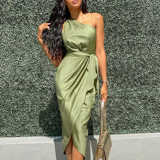 New European Style irregular diagonal shoulder belt, slim fit satin dress.  S-XXL