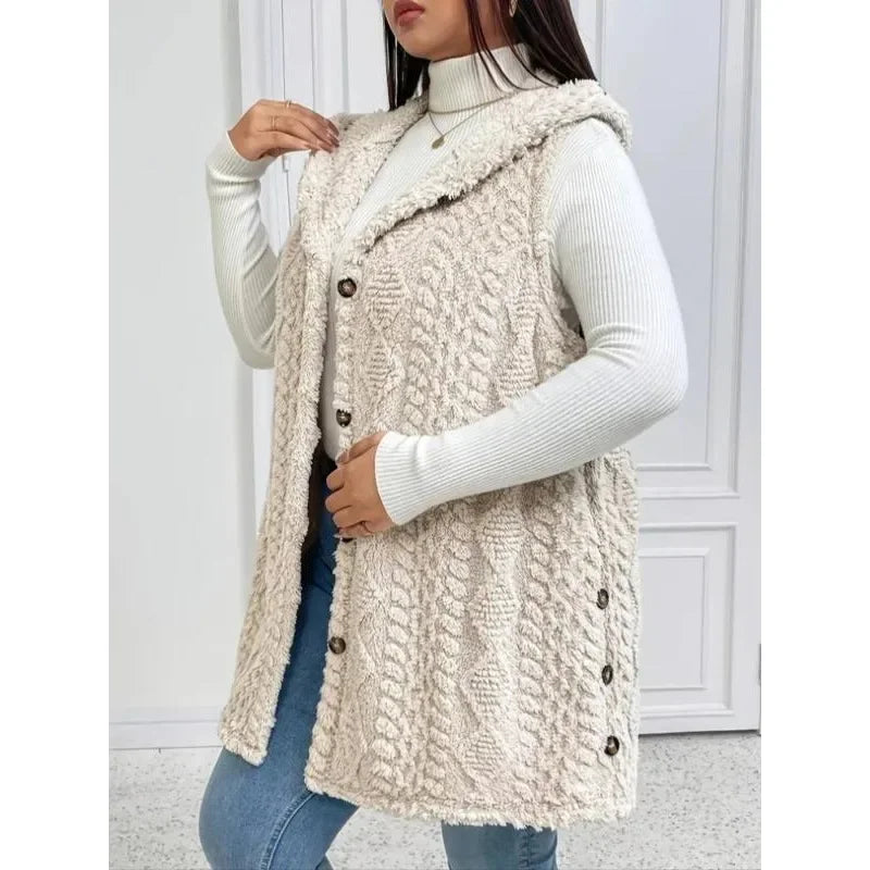 Plus Size 1XL-5XL Women's Textured Hooded Vest Sleeveless Hoodie Coat Button Down Faux Fur Coat.   1X-5X