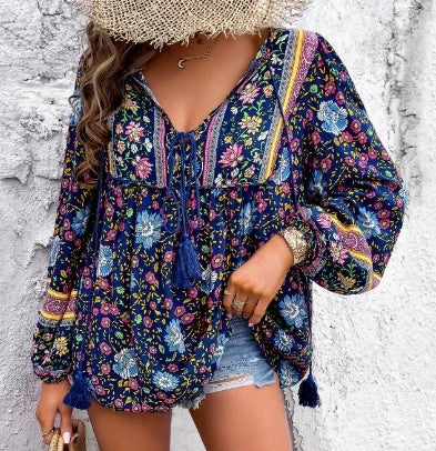 Summer Women's Blouse Casual Bohemian Printed Long Sleeve Loose Fit Shirt