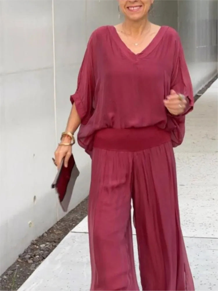 Women's Sexy V-neck Short Sleeved Top And Wide Leg Pant Set Chiffon Casual Loose Outfit.  S-3X