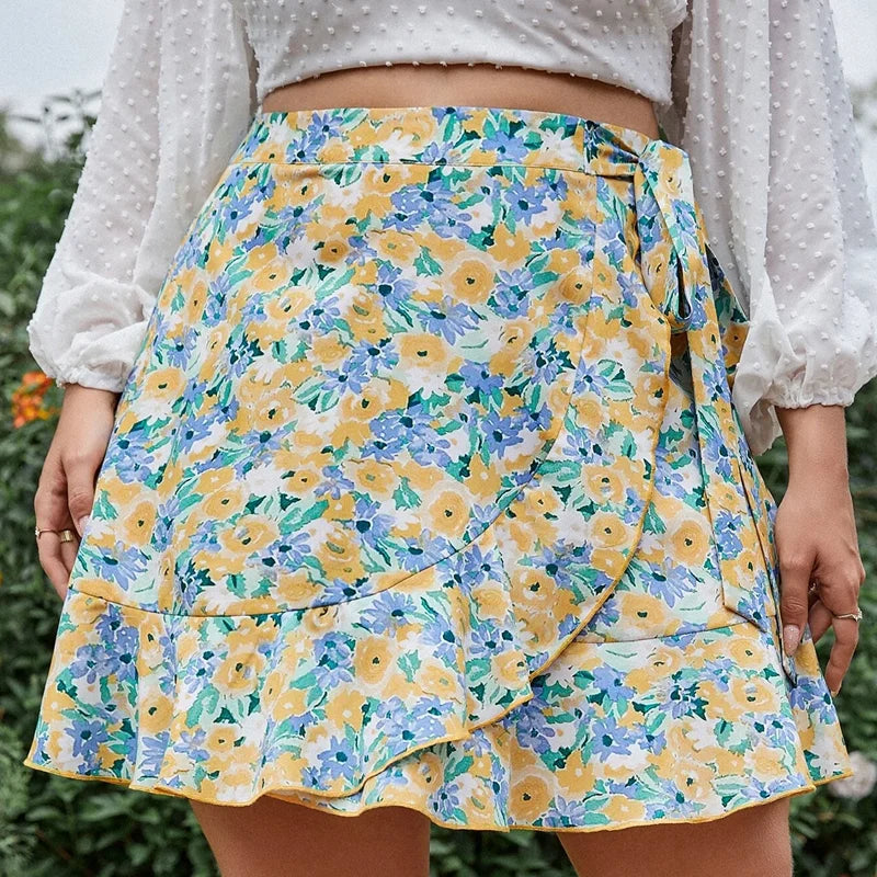Plus Size Floral Print Elegant Summer Wrap Skirt Elastic Tie Waist Ruffle Hem Casual Skirt Large Size