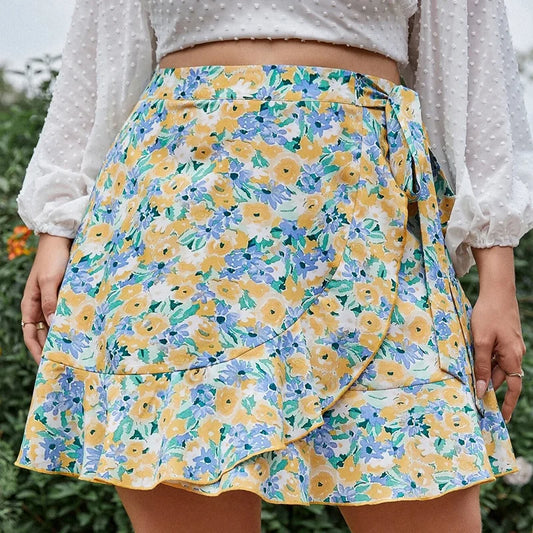 Plus Size Floral Print Elegant Summer Wrap Skirt Elastic Tie Waist Ruffle Hem Casual Skirt Large Size