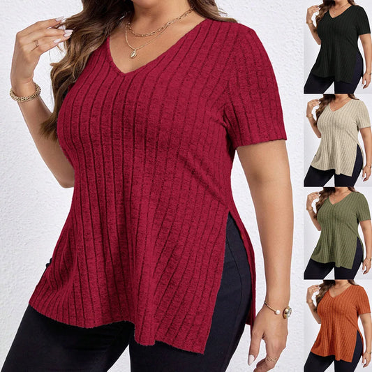 Women'S Plus Size Summer Solid Colour V-Neck Striped Short Sleeve Split Loose Shirt