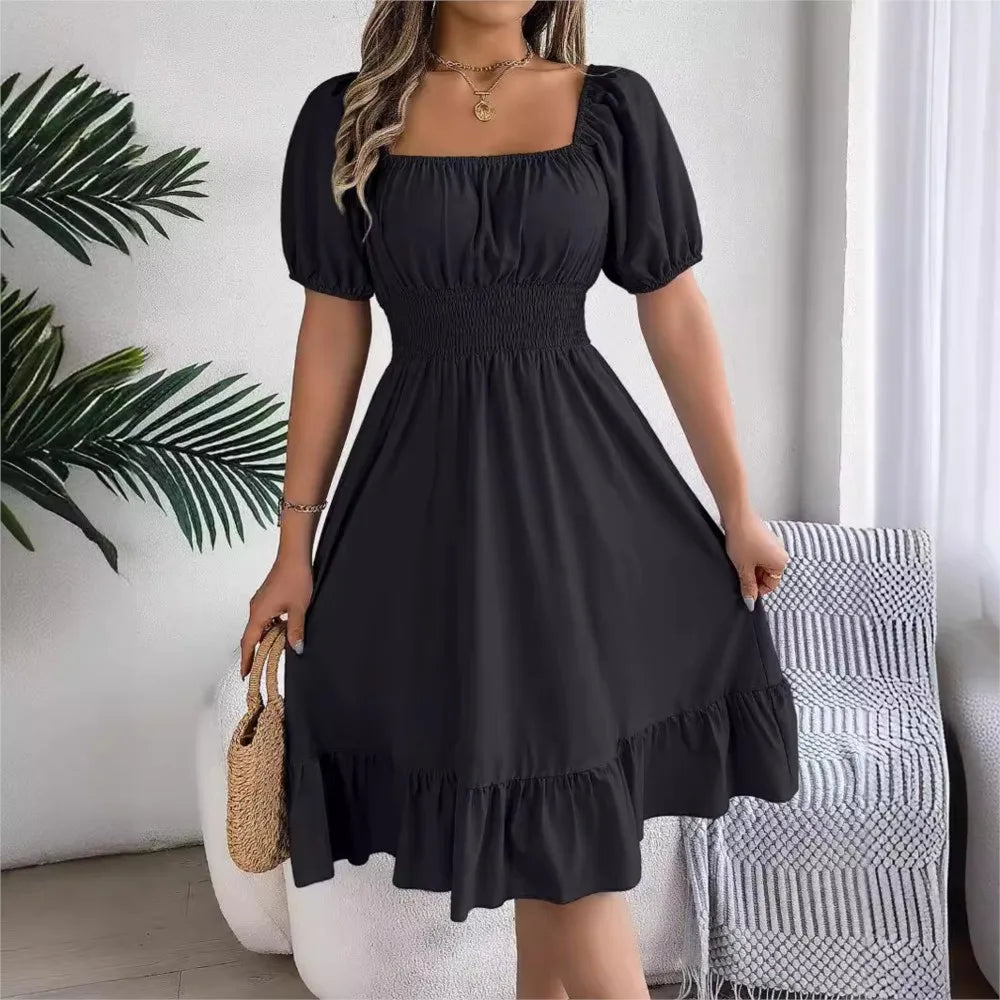 Women's Summer Casual Square Neck Short Sleeved Ruffle Edge Dress