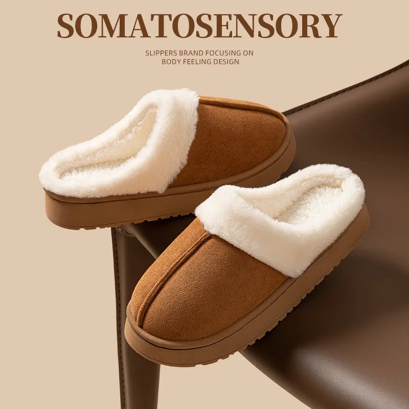 Women's Fluffy Slippers New Plush Warm Platform For Winter Indoor Semi-slippers Outdoor/Indoor Non-slip Cotton Shoes.