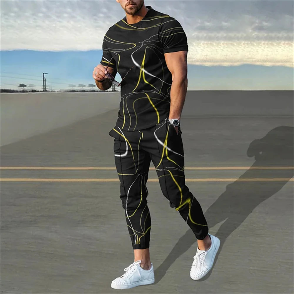Men's 2 Piece Set Short Sleeve Sportswear Fashion Men's Clothing Trousers Casual O-Neck.  M-5X Tops Pants Suit.