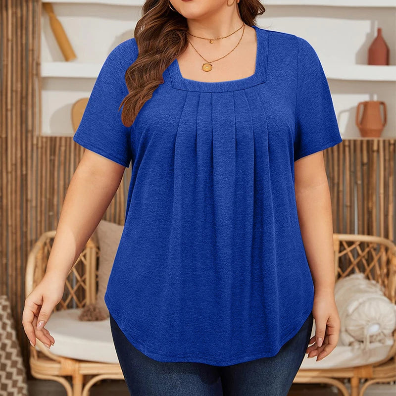 Plus Size Woman Solid Colour Short Sleeve T-shirt Elegant Pleated Square Neck Casual Tee