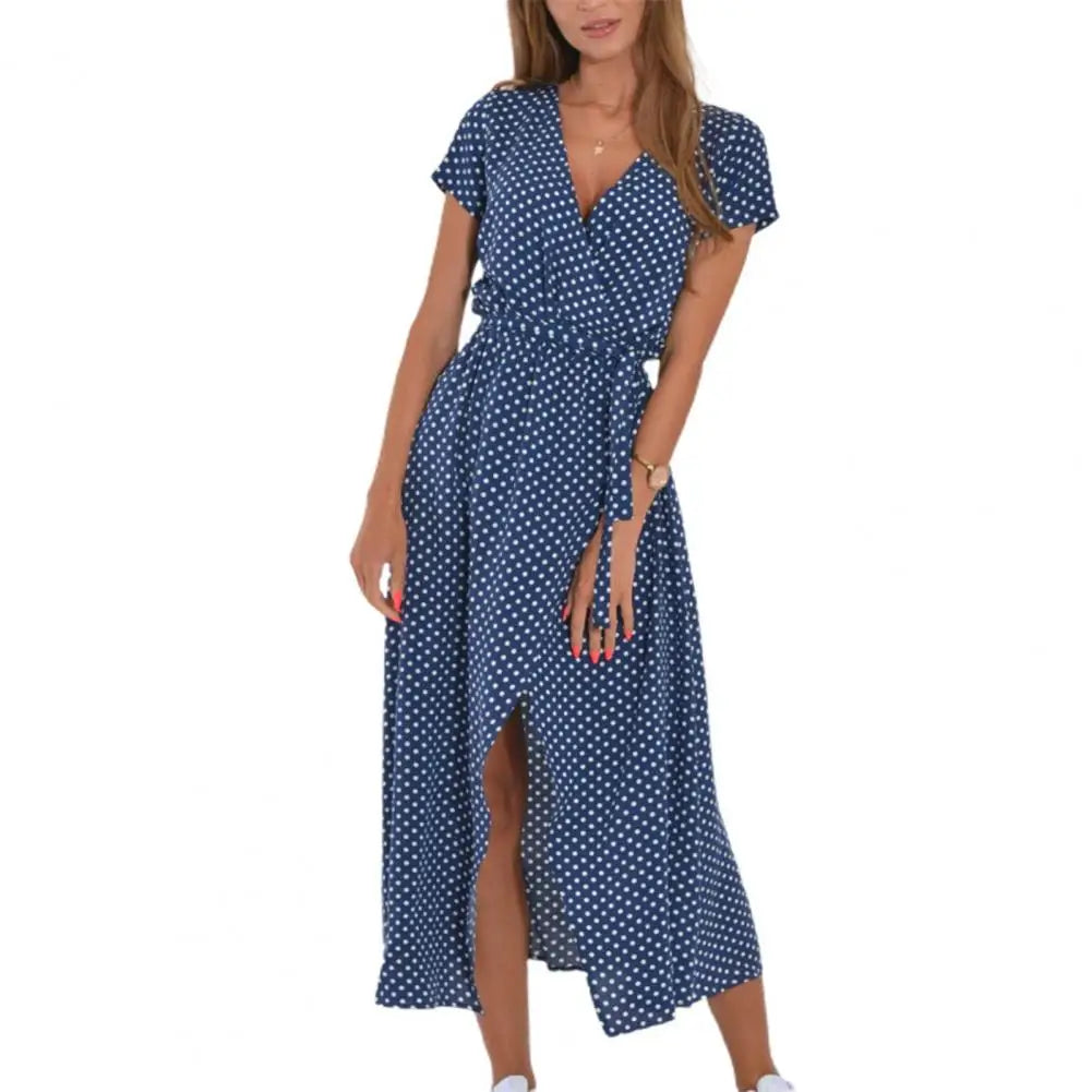 Women Midi Dress V-neck Short Sleeve High Waist Summer Dress.  S-XXL