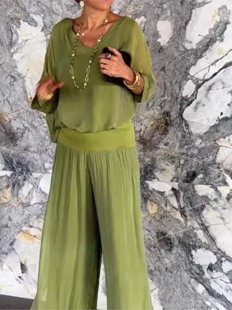 Women's Sexy V-neck Short Sleeved Top And Wide Leg Pant Set Chiffon Casual Loose Outfit.  S-3X