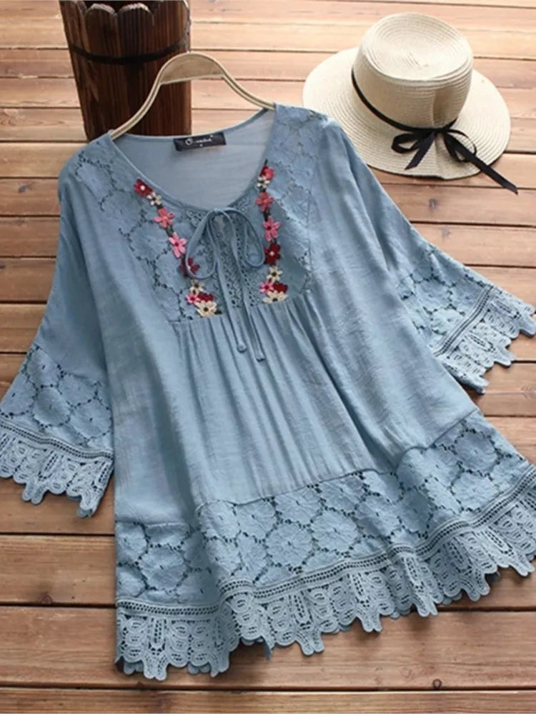 Ladies Solid Cotton And Linen Stitching Lace Flower V-neck Loose Fit Blouse.