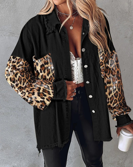 Women’s Turn-down Collar Jackets Contrast Leopard Sequin Patchwork Long Sleeve Jacket/ Top Button Front Raw Hem Shacket